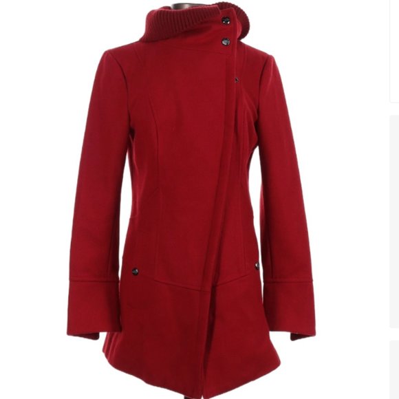 Steve Madden red wool coat -size small - pea coat style w/ detachable cowl neck - Picture 3 of 17